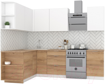 Кухонный гарнитур Интермебель Микс Топ-18 2.0x1.7м левая (белый премиум/дуб крафт золотой/дуб вотан) - фото