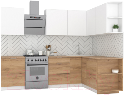 Кухонный гарнитур Интермебель Микс Топ-19 2.1x1.7м правая (белый премиум/дуб крафт золотой/дуб вотан) - фото