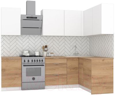 Кухонный гарнитур Интермебель Микс Топ-22 2.0x1.42м правая (белый премиум/дуб крафт золотой/дуб вотан) - фото