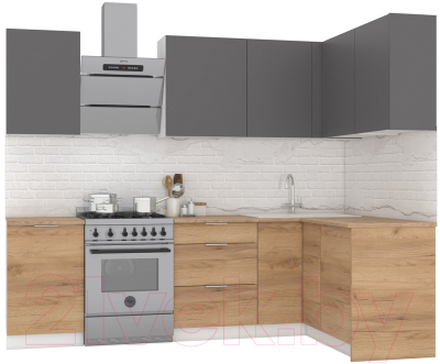Кухонный гарнитур Интермебель Микс Топ-22 2.0x1.42м правая (графит серый/дуб крафт золотой/дуб вотан) - фото