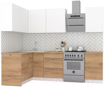 Кухонный гарнитур Интермебель Микс Топ-22 2.0x1.42м левая (белый премиум/дуб крафт золотой/дуб вотан) - фото