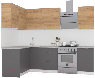 Кухонный гарнитур Интермебель Микс Топ-22 2.0x1.42м левая (дуб крафт золотой/графит серый/дуб вотан) - фото