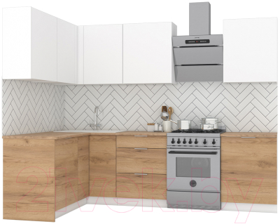 Кухонный гарнитур Интермебель Микс Топ-26 2.1x1.52м левая (белый премиум/дуб крафт золотой/дуб вотан) - фото