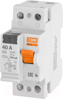 Устройство защитного отключения TDM ВД63 2Р 40А 100мА / SQ0220-0019 - фото