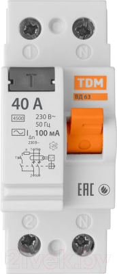 Устройство защитного отключения TDM ВД63 2Р 40А 100мА / SQ0220-0019