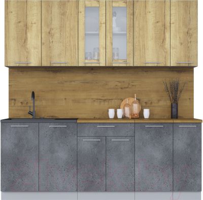 Кухонный гарнитур Интерлиния Мила 21 (дуб золотой/бетон портленд/дуб бунратти) - фото