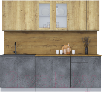 Кухонный гарнитур Интерлиния Мила 23 (дуб золотой/бетон портленд/дуб бунратти) - фото