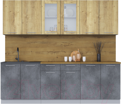 Кухонный гарнитур Интерлиния Мила 24 (дуб золотой/бетон портленд/дуб бунратти) - фото