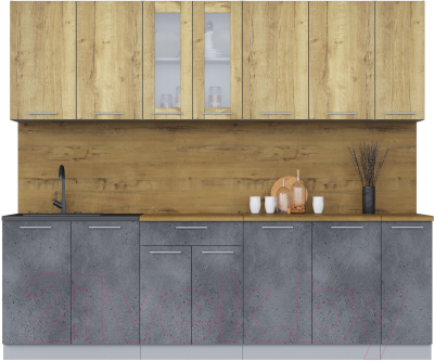 Кухонный гарнитур Интерлиния Мила 25 (дуб золотой/бетон портленд/дуб бунратти) - фото