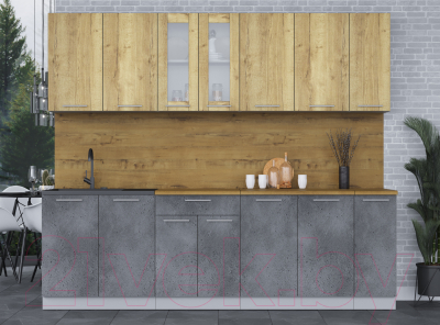 Кухонный гарнитур Интерлиния Мила 25 (дуб золотой/бетон портленд/дуб бунратти)