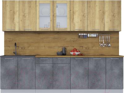 Кухонный гарнитур Интерлиния Мила 28 (дуб золотой/бетон портленд/дуб бунратти) - фото