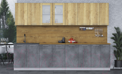 Кухонный гарнитур Интерлиния Мила 30 (дуб золотой/бетон портленд/дуб бунратти)