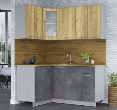 Кухонный гарнитур Интерлиния Мила 12x16 (дуб золотой/бетон портленд/дуб бунратти)