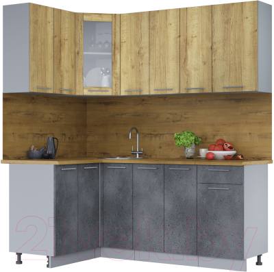 Кухонный гарнитур Интерлиния Мила 12x19 (дуб золотой/бетон портленд/дуб бунратти) - фото