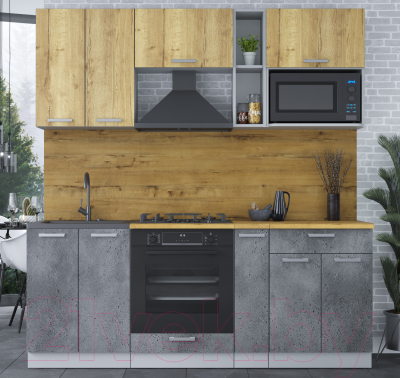 Кухонный гарнитур Интерлиния Мила Лайт 2.0 ВТ (дуб золотой/бетон портленд/дуб бунратти)