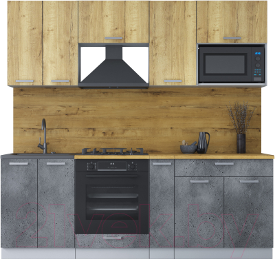 Кухонный гарнитур Интерлиния Мила Лайт 2.2 ВТ (дуб золотой/бетон портленд/дуб бунратти) - фото