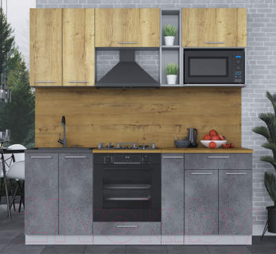 Кухонный гарнитур Интерлиния Мила 2.0 ВТ (дуб золотой/бетон портленд/дуб бунратти)