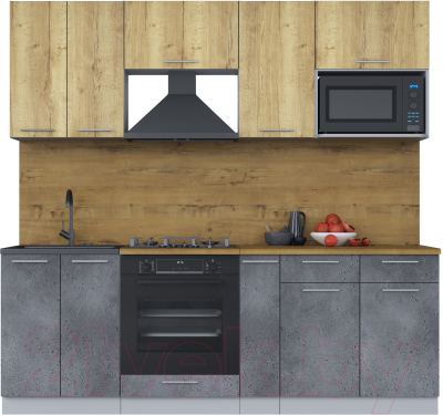 Кухонный гарнитур Интерлиния Мила 2.2 ВТ (дуб золотой/бетон портленд/дуб бунратти) - фото