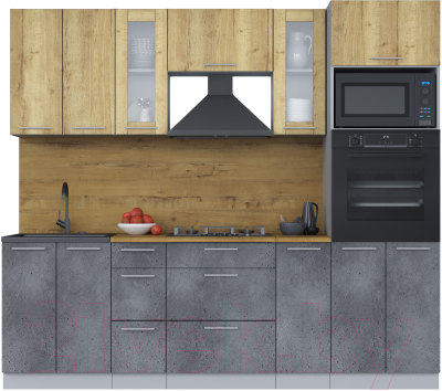 Кухонный гарнитур Интерлиния Мила 2.4 ВТ (дуб золотой/бетон портленд/дуб бунратти) - фото