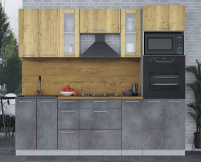 Кухонный гарнитур Интерлиния Мила 2.4 ВТ (дуб золотой/бетон портленд/дуб бунратти)