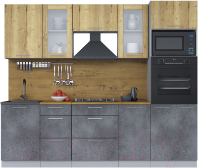 Кухонный гарнитур Интерлиния Мила 2.5 ВТ (дуб золотой/бетон портленд/дуб бунратти) - фото