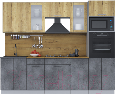 Кухонный гарнитур Интерлиния Мила 2.6 ВТ (дуб золотой/бетон портленд/дуб бунратти) - фото