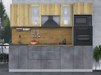 Кухонный гарнитур Интерлиния Мила 2.6 ВТ (дуб золотой/бетон портленд/дуб бунратти)