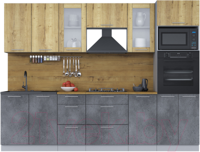 Кухонный гарнитур Интерлиния Мила 2.8 ВТ (дуб золотой/бетон портленд/дуб бунратти) - фото