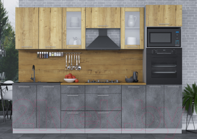 Кухонный гарнитур Интерлиния Мила 2.8 ВТ (дуб золотой/бетон портленд/дуб бунратти)