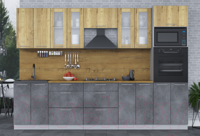 Кухонный гарнитур Интерлиния Мила 3.0 ВТ (дуб золотой/бетон портленд/дуб бунратти)