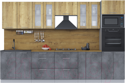 Кухонный гарнитур Интерлиния Мила 3.2 ВТ (дуб золотой/бетон портленд/дуб бунратти) - фото