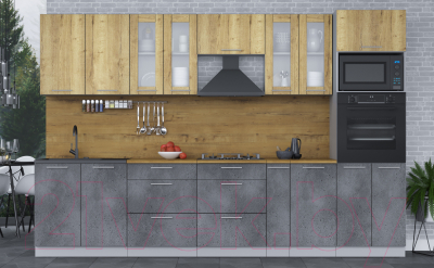 Кухонный гарнитур Интерлиния Мила 3.2 ВТ (дуб золотой/бетон портленд/дуб бунратти)