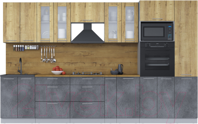 Кухонный гарнитур Интерлиния Мила 3.4 ВТ (дуб золотой/бетон портленд/дуб бунратти) - фото