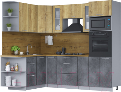 Кухонный гарнитур Интерлиния Мила 1.68х2.4 левая (дуб золотой/бетон портленд/дуб бунратти) - фото