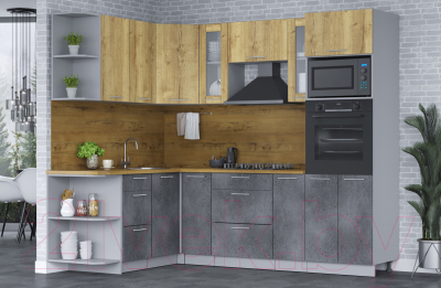 Кухонный гарнитур Интерлиния Мила 1.68х2.4 левая (дуб золотой/бетон портленд/дуб бунратти)