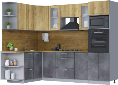 Кухонный гарнитур Интерлиния Мила 1.68х2.6 левая (дуб золотой/бетон портленд/дуб бунратти) - фото