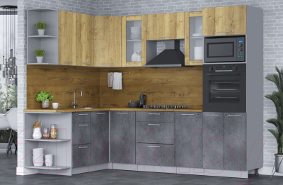 Кухонный гарнитур Интерлиния Мила 1.68х2.6 левая (дуб золотой/бетон портленд/дуб бунратти)