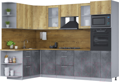 Кухонный гарнитур Интерлиния Мила 1.68х2.8 левая (дуб золотой/бетон портленд/дуб бунратти) - фото