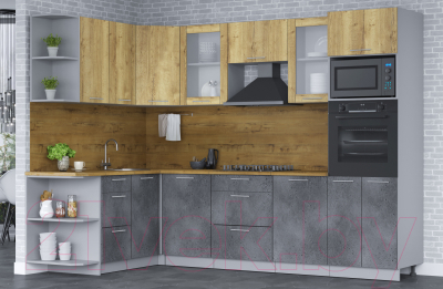 Кухонный гарнитур Интерлиния Мила 1.68х2.8 левая (дуб золотой/бетон портленд/дуб бунратти)