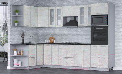 Кухонный гарнитур Интерлиния Мила 1.68х3.0 левая (бетон лайт/бетон лайт/кастилло темный)