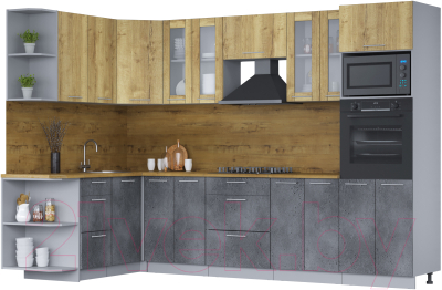 Кухонный гарнитур Интерлиния Мила 1.68х3 левая (дуб золотой/бетон портленд/дуб бунратти) - фото