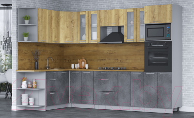 Кухонный гарнитур Интерлиния Мила 1.68х3 левая (дуб золотой/бетон портленд/дуб бунратти)