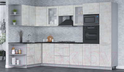 Кухонный гарнитур Интерлиния Мила 1.68х3.2 левая (бетон лайт/бетон лайт/кастилло темный)