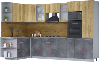 Кухонный гарнитур Интерлиния Мила 1.68х3.2 левая (дуб золотой/бетон портленд/дуб бунратти) - фото