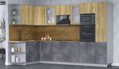 Кухонный гарнитур Интерлиния Мила 1.68х3.2 левая (дуб золотой/бетон портленд/дуб бунратти)