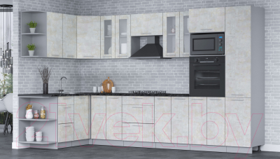 Кухонный гарнитур Интерлиния Мила 1.68х3.4 левая (бетон лайт/бетон лайт/кастилло темный)