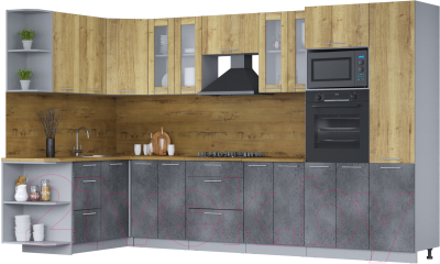 Кухонный гарнитур Интерлиния Мила 1.68х3.4 левая (дуб золотой/бетон портленд/дуб бунратти) - фото