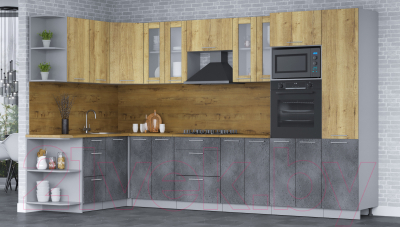 Кухонный гарнитур Интерлиния Мила 1.68х3.4 левая (дуб золотой/бетон портленд/дуб бунратти)