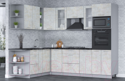 Кухонный гарнитур Интерлиния Мила 1.88х2.6 левая (бетон лайт/бетон лайт/кастилло темный)