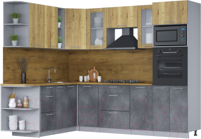 Кухонный гарнитур Интерлиния Мила 1.88х2.6 левая (дуб золотой/бетон портленд/дуб бунратти) - фото